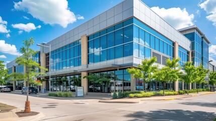 Obraz premium Commercial office building with stores and businesses on the ground floor.