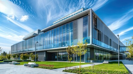 Obraz premium Contemporary building with eco-friendly design and solar panels.