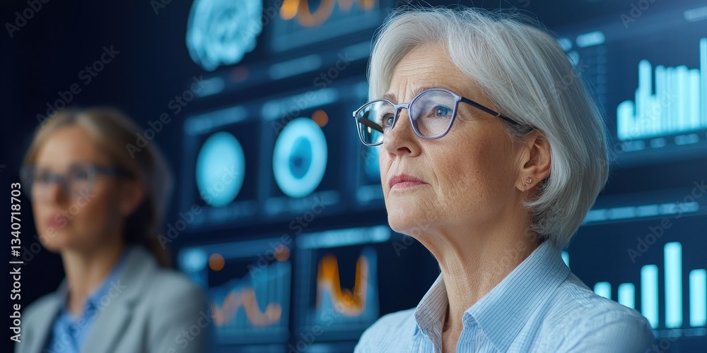 Poster Two women analyze data displayed on screens, emphasizing technology and teamwork in a modern workspace.