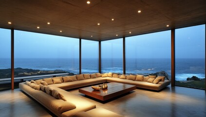 Fototapeta premium A luxurious modern living room overlooking a vast ocean view