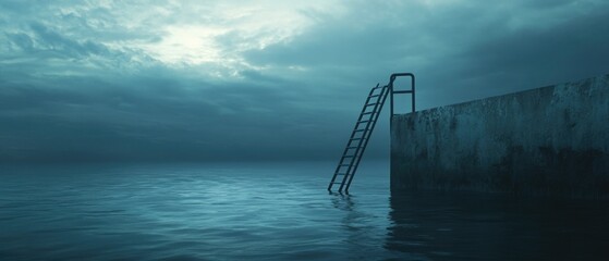 Fototapeta premium A ladder standing in the middle of a body of water, waiting for use or repair