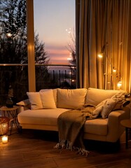 A cozy evening scene with a soft beige sofa and the flickering glow of warm candlelight