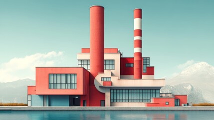 Obraz premium Red and white factory building with smokestacks by water