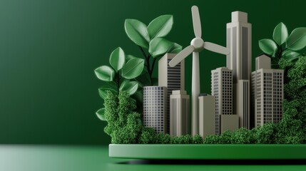 A green cityscape featuring skyscrapers intertwined with wind turbines and lush greenery, symbolizing sustainable urban development.