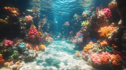 Obraz premium Vivid Coral Reef Ecosystem Brimming with Diverse Marine Life in Crystal Clear Waters – Generative AI