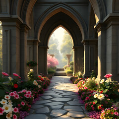 Fototapeta premium Anime style painting of a garden gate opening to a secret garden, flowers in bloom, on a white background. Enchanted Garden art illustration design