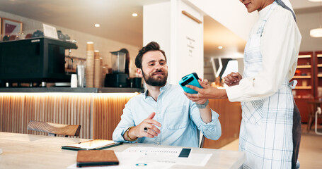 Businessman, customer and waiter with pos machine at cafe for payment, NFC transaction or banking....