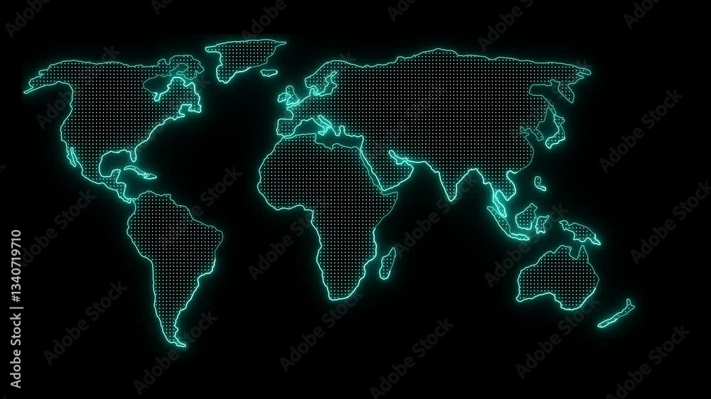 Poster digital technology world map animation with glowing connections and global data network loop visual 