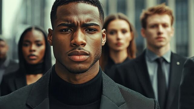 A group of people are standing together in a line, all wearing suits and ties