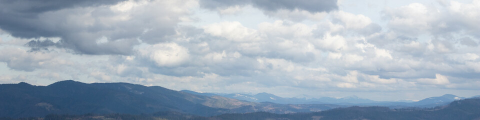 Fototapeta premium Scenic Mountain View with Green Pine Forest and Dramatic Sky – Spring Nature Scene