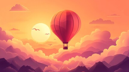 Fototapeta premium Red Hot Air Balloon Soaring Above Mountains at Sunset
