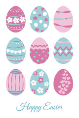 Happy Easter. Eggs colorfull illustration om white background. Vector design elements in pick and blue colors. Religions Easter card.