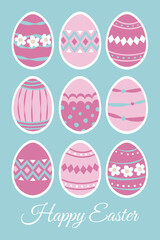 Happy Easter. Eggs colorfull illustration on blue background. Vector design elements in pink, red and white colors. Religions Easter card in flat hand draw slyle.