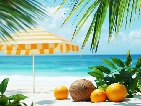 Fresh tropical fruits and sunshade by the beach in a sunny paradise