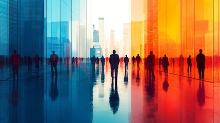 Crowds walking through a colorful city street with modern buildings