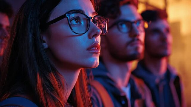 A woman with glasses is looking at something with her friends