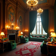 The Enchanted Castle Living Room, Filled with Magical Artifacts and Glittering Candles