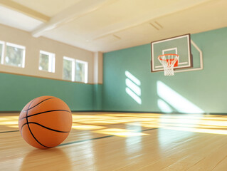 Naklejka premium Basketball on court with bright sunlight illuminating gym