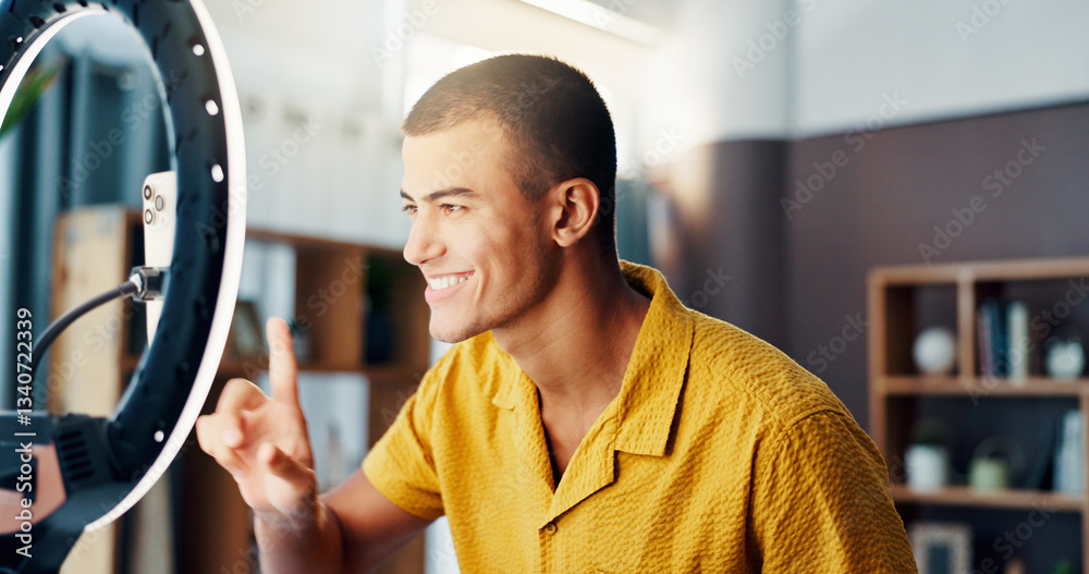 Aufkleber man, influencer and social network with ring light in home for live stream, happy and post on web. p