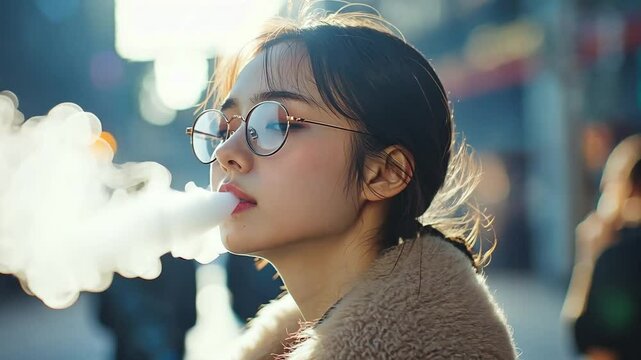 A woman in glasses smokes a cigarette while standing on a street