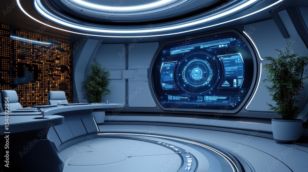 Poster a futuristic control room featuring a circular design, digital screens, and greenery, creating a sci