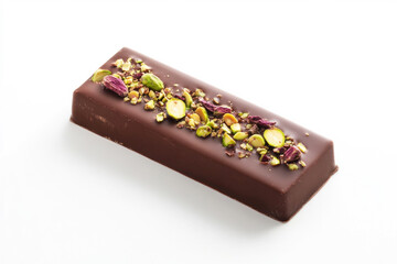 Decadent chocolate bar topped with pistachios and rose petals