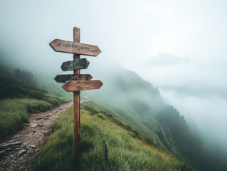 Foggy mountain trail with directional signs guiding hikers