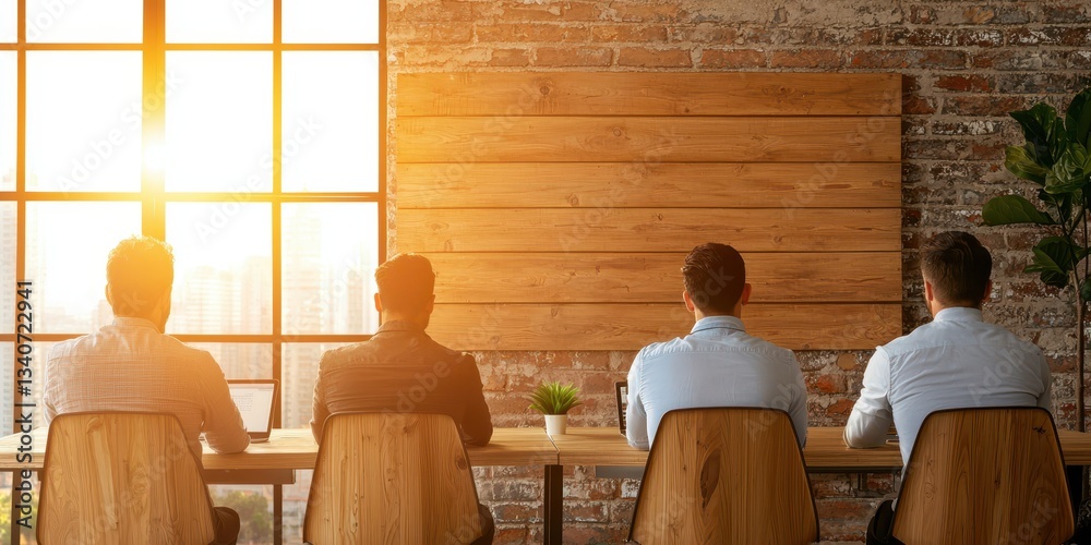Poster a group of professionals sit in a modern workspace, facing a blank presentation board, with sunlight