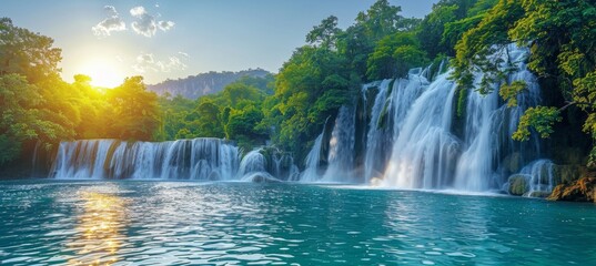 Breathtaking havasu falls cascading into turquoise waters at sunset in grand canyon national park