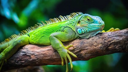Obraz premium A vibrant green lizard is resting on a brown branch naturally