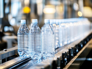 Clear water bottles moving along a production line in a factory