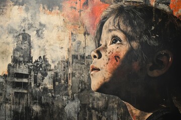 a child's sorrowful eyes reflecting war, pain, and despair, Generative AI.