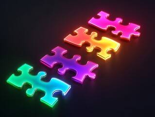 Five glowing neon puzzle pieces in rainbow colors.