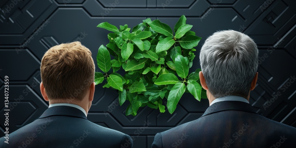 Poster two men in suits observe a vibrant green plant against a sleek black background, symbolizing a conne