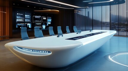 Futuristic conference room with sleek, illuminated table and modern chairs, overlooking a city at night.