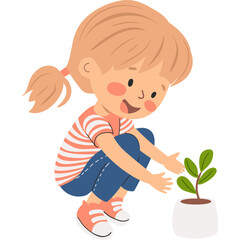A young girl is happily squatting while planting a small green seedling in a white pot. The setting is bright and cheerful, highlighting her love for gardening.