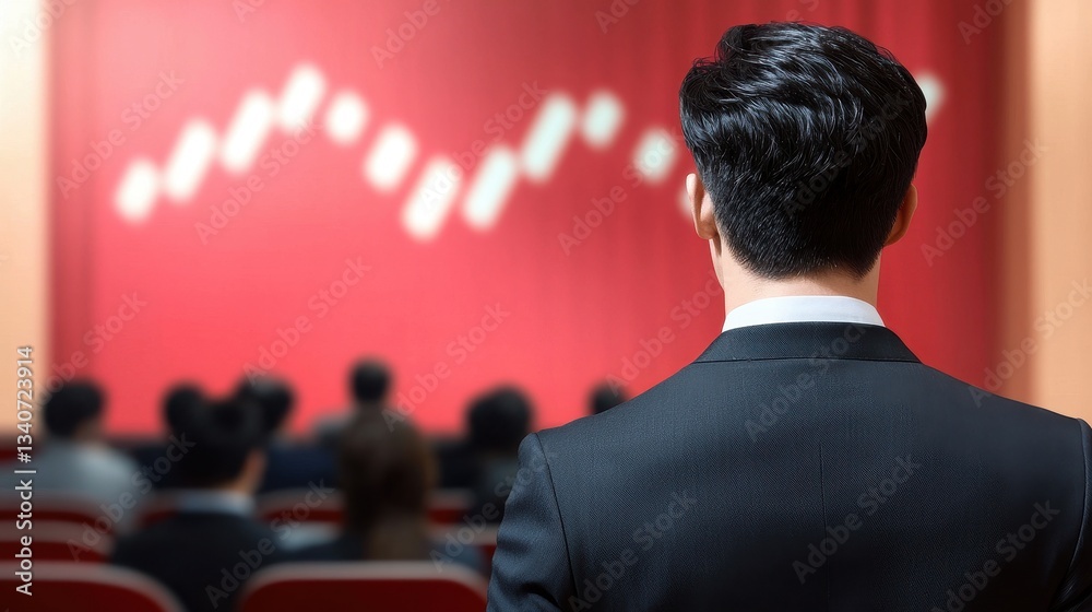 Poster a poised individual observes a presentation with a financial graph in the background, indicating a p
