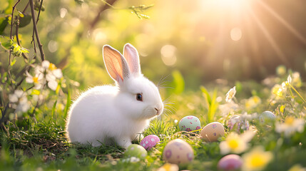 A white bunny nibbling on a patch of green grass, with Easter eggs hidden among the flowers and soft rays of sunlight warming the scene.