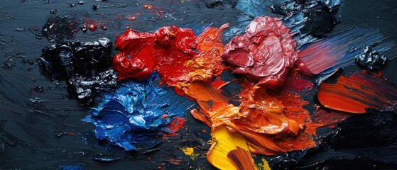 A vibrant palette of oil paints showcasing rich reds, blues, and yellows, blending together on a dark surface, perfect for artistic expression.