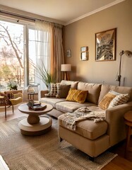 Obraz premium A cozy living room with a taupe area rug, sculptural wooden furniture, and soft textures.