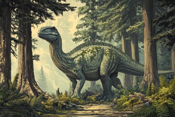 A highly detailed illustration of a Diplodocus surrounded by ancient trees and ferns, in a naturalist style