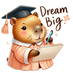 A cute capybara wearing a graduation cap and gown, holding a pen and notebook, promoting the message "Dream Big".