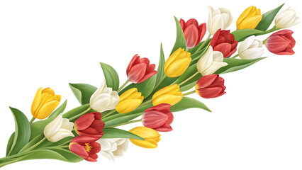 vibrant tulip garland with yellow red and white is isolated on white background png. AI Generated