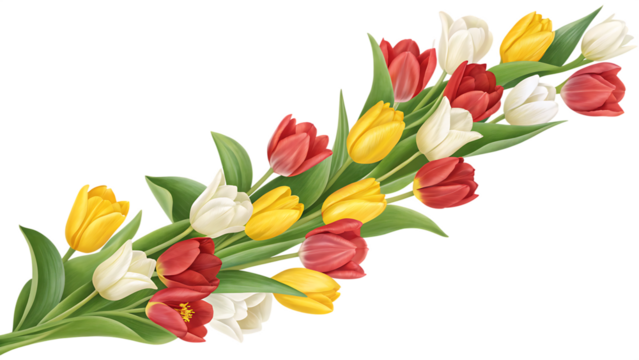 vibrant tulip garland with yellow red and white is isolated on white background png. AI Generated 