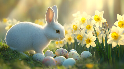Fototapeta premium A white rabbit curiously examining a cluster of blooming daffodils, with Easter eggs hidden underneath the flowers and soft sunlight filtering through.
