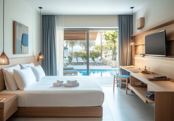Fototapeta premium A luxurious hotel room opens up to a beautiful swimming pool