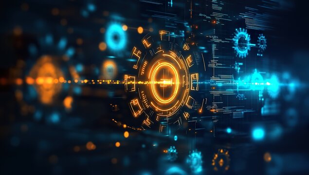Abstract digital technology background with gears and data flow diagrams, light effects, a blurred computer screen, blue and orange colors, glowing lights, a high-tech atmosphere,