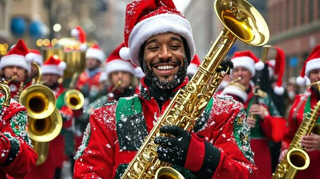 A man in a Santa hat is holding a trumpet and smiling