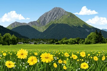 Bright Sunny Day in Mountain Valley with Yellow Wildflowers