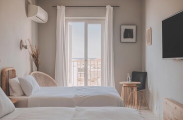 A cozy bright bedroom with two beds and a scenic view